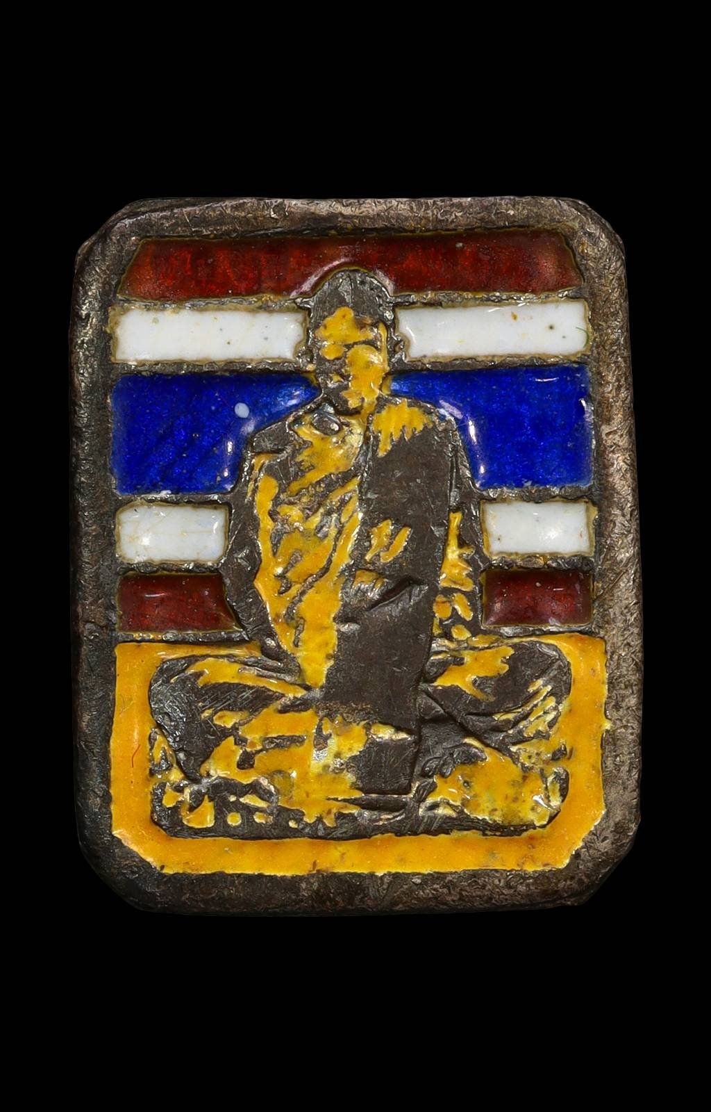 306634 เหรียญหลวงพ่อเดิม วัดหนองโพ เนื้อเงินลงยา  ธงชาติ พิมพ์สี่เหลี่ยมตัดมุม  พ.ศ 2485 จ.นครสวรรค์